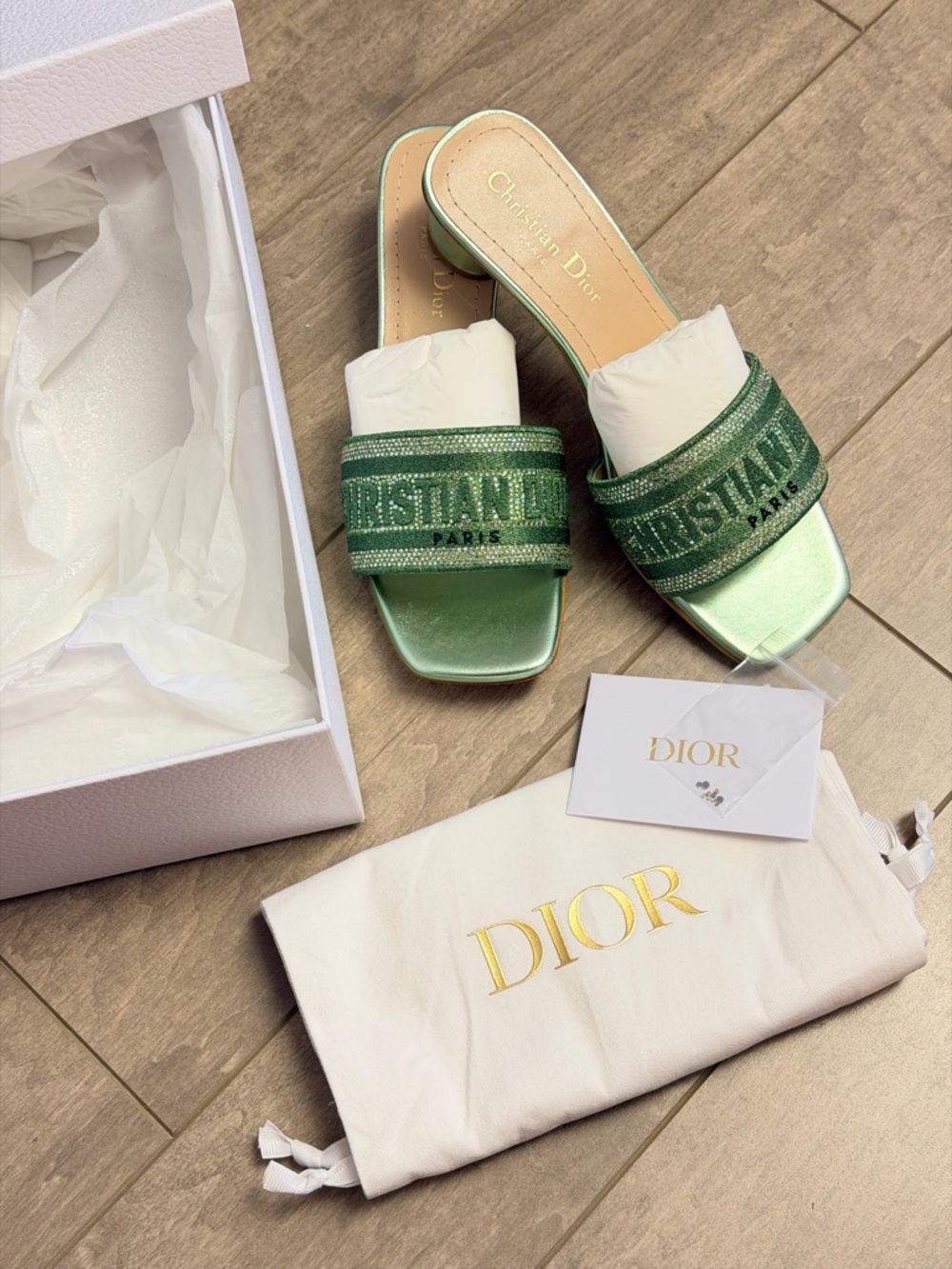Dior Dway Heeled Slide Cotton Embroidered with Metallic Thread and Green Stone